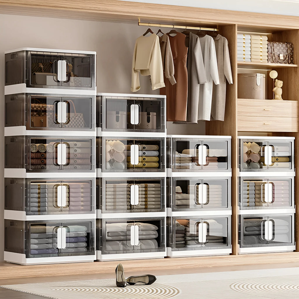 Foldable wheeled storage locker in white or grey with multiple layer options for household organisation