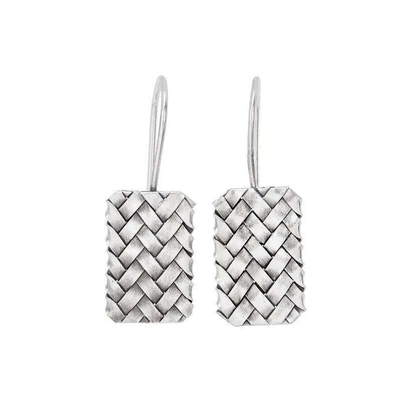 Women's 925 silver woven diamond plaid geometric earrings measuring 17.5mm by 11mm