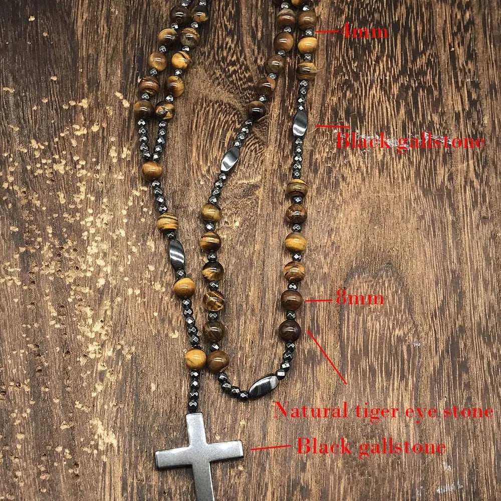 Men's hand-woven stone cross pendant necklace on a ball bead chain with safety lock clasp.