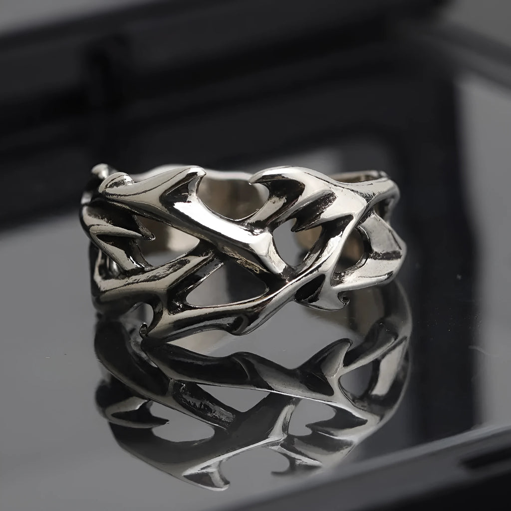 Copper geometric ring with thorn flower design and adjustable opening