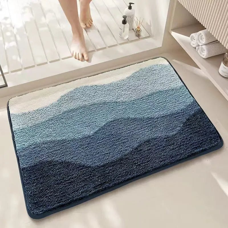 Cashmere carpet floor mat with rainbow pattern in sky sea colour showing plastic bottom layer
