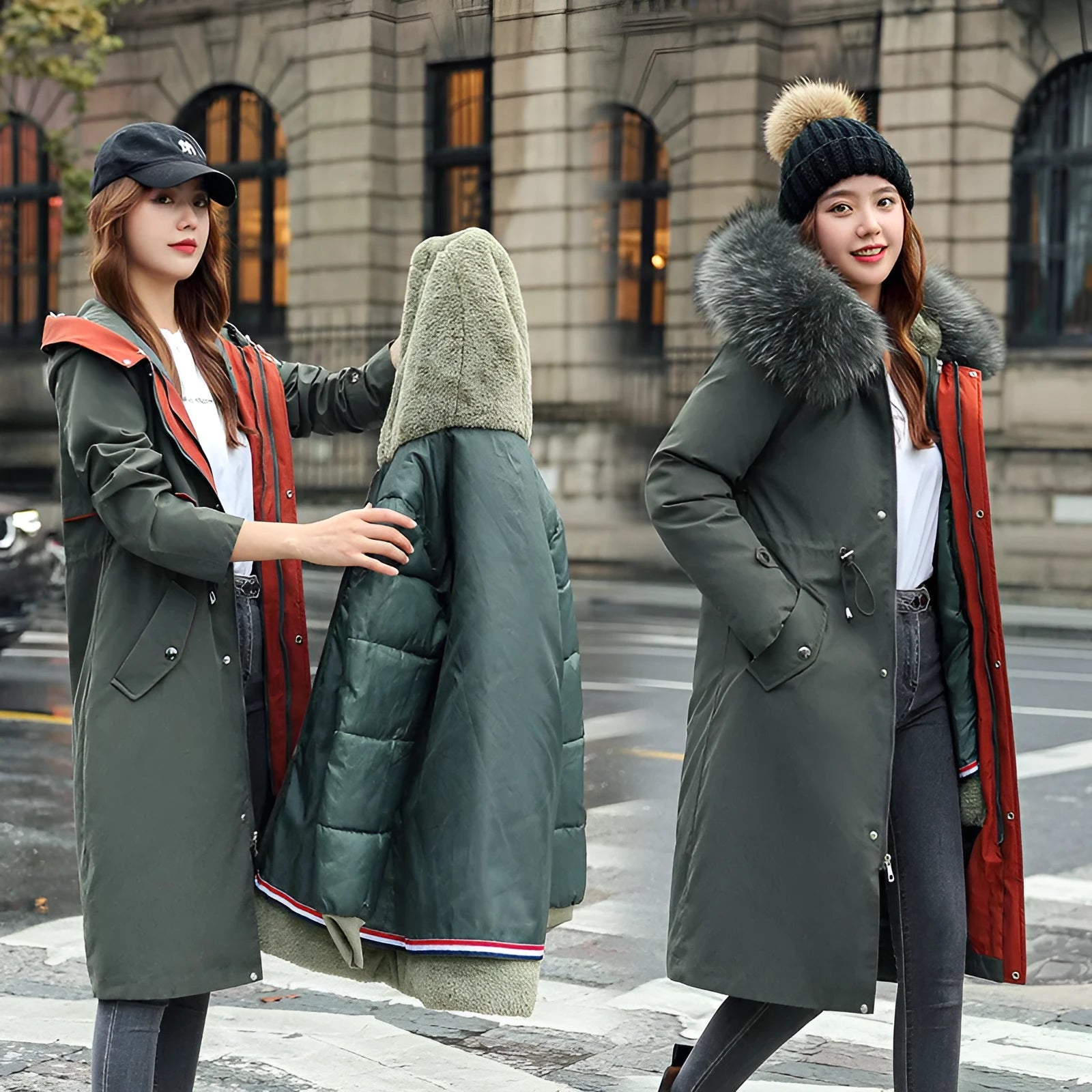 Women's white cotton-padded trench coat with two-way zip showing extended 100cm length and long sleeves
