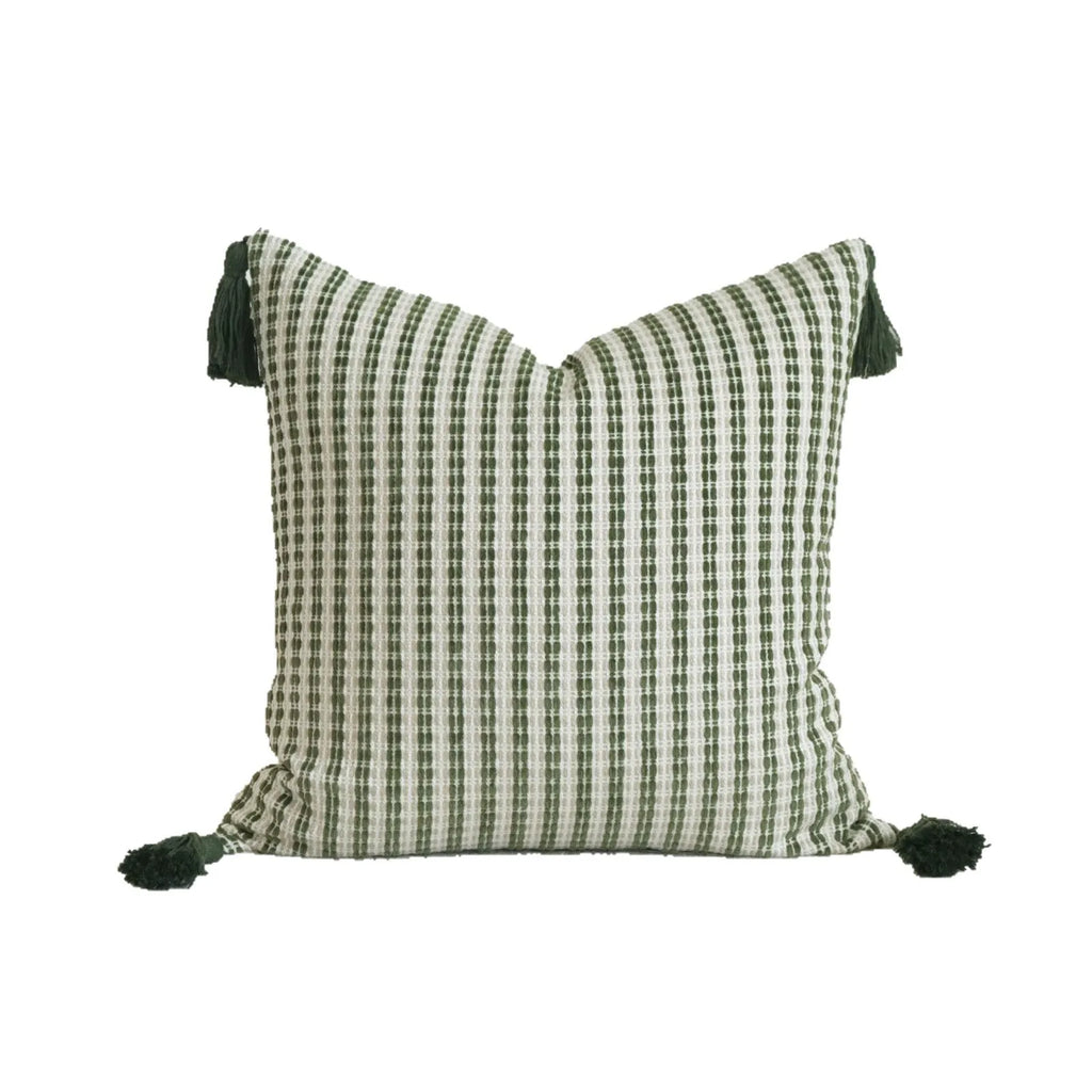 Green striped and botanical patterned cotton linen decorative pillow with tassel detail.