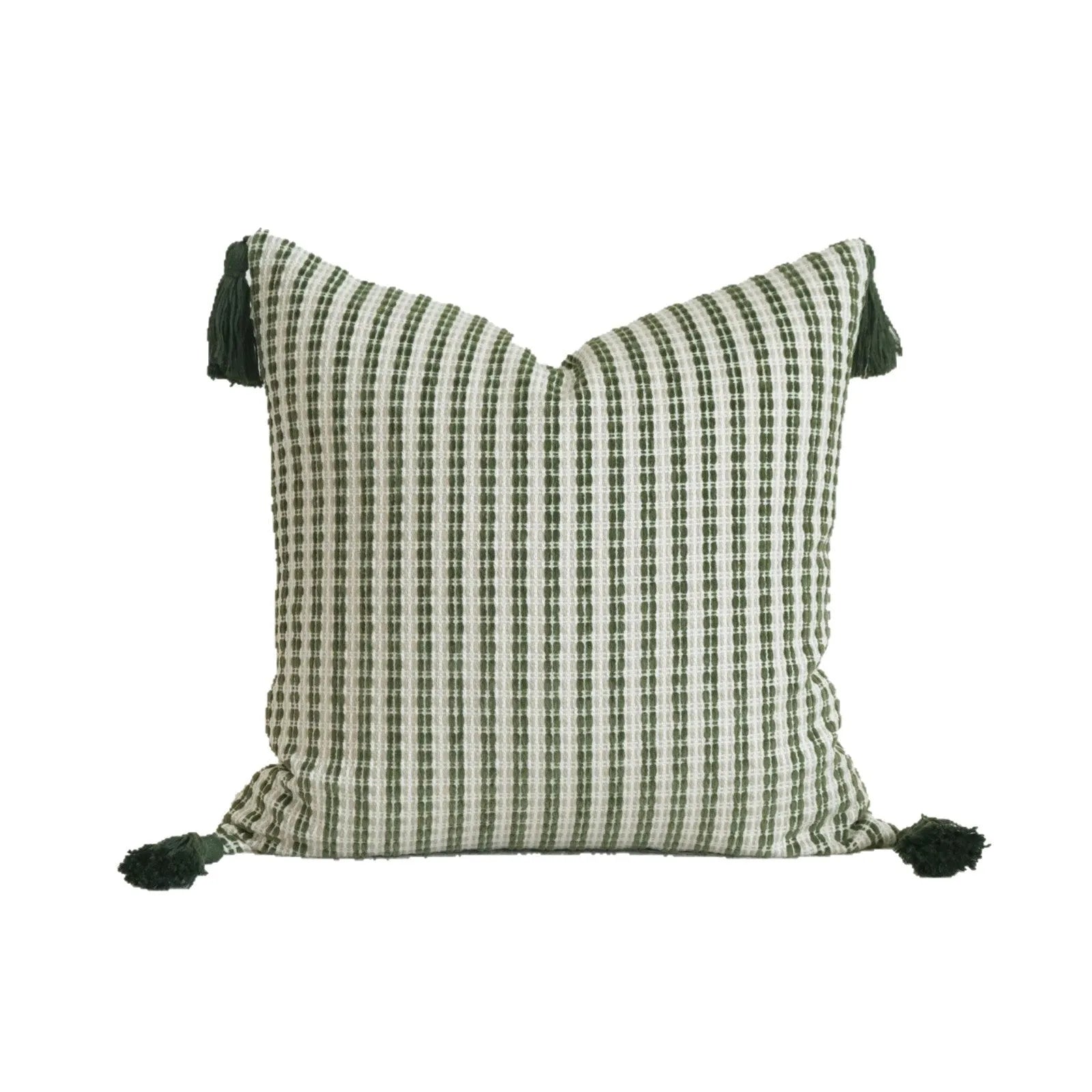 Green striped and botanical patterned cotton linen decorative pillow with tassel detail.
