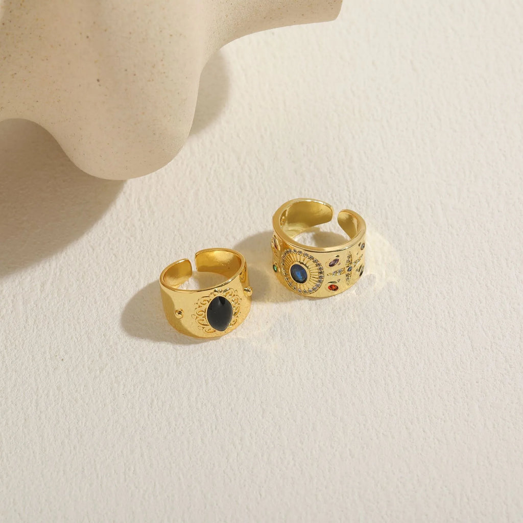 Chinese style geometric vintage ring in electroplated copper with horse eye black finish