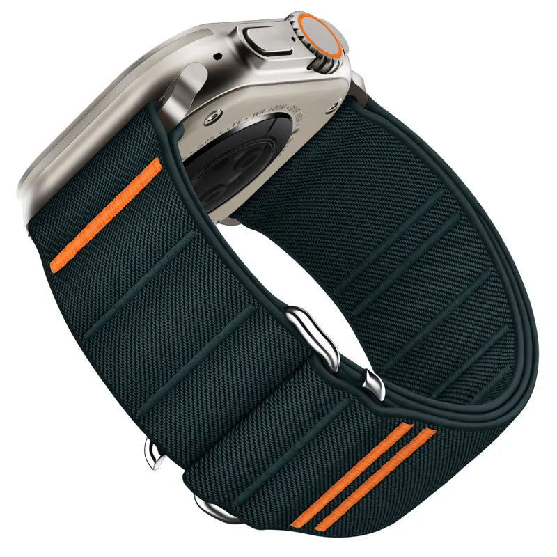 Elastic nylon Apple Watch band with stainless steel buckle shown in multiple colour options.