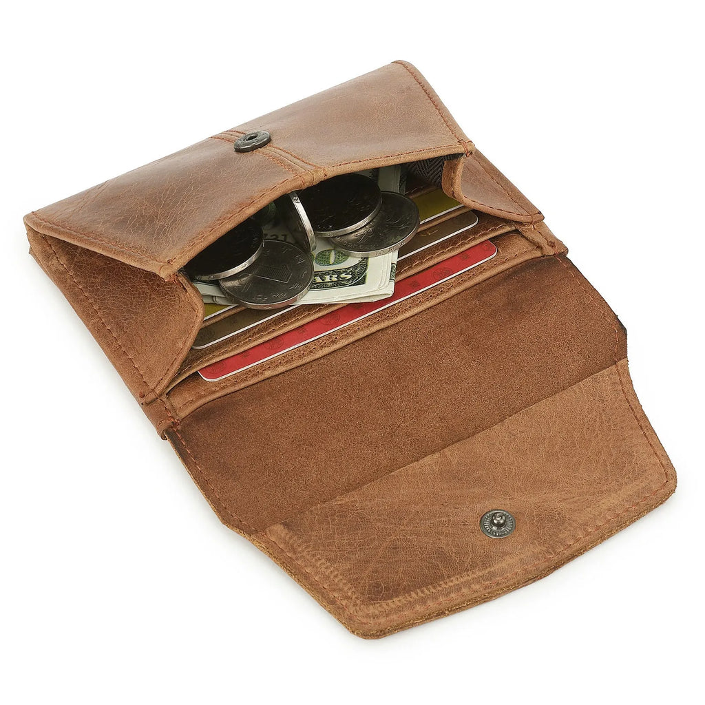 Cowhide coin purse in retro style with stitching and lock detail, showing anti-theft swiping feature