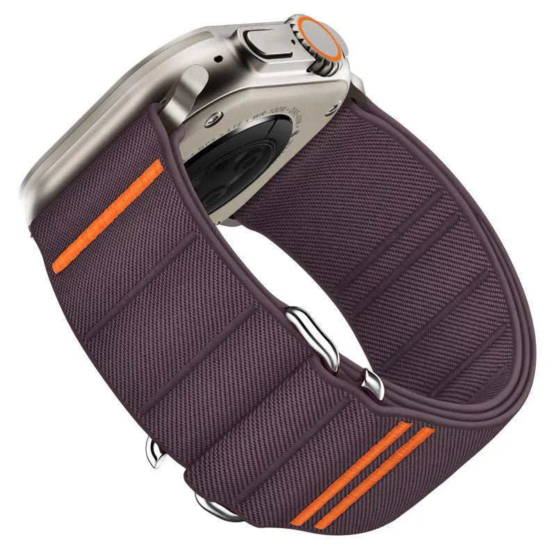 Elastic nylon Apple Watch band with stainless steel buckle shown in multiple colour options.
