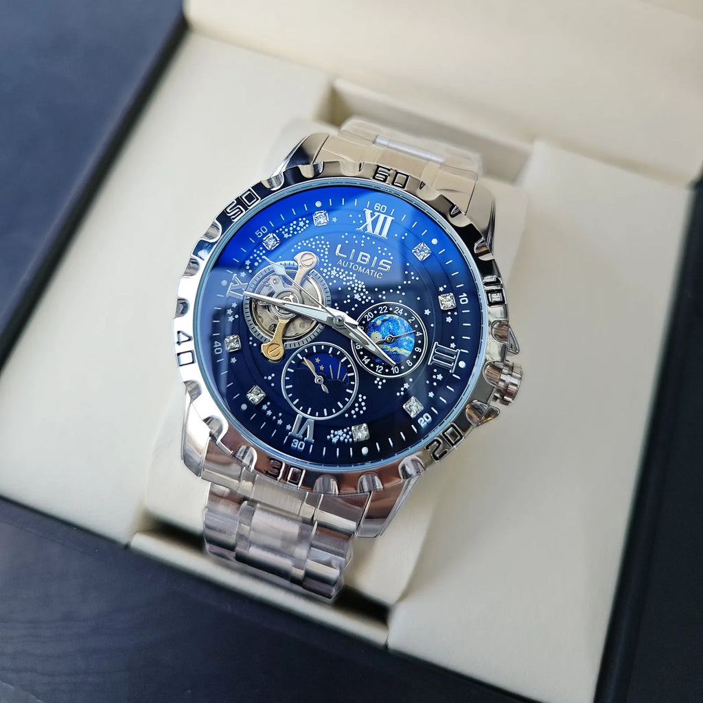 Men's silver case automatic watch with black starry dial and leather strap