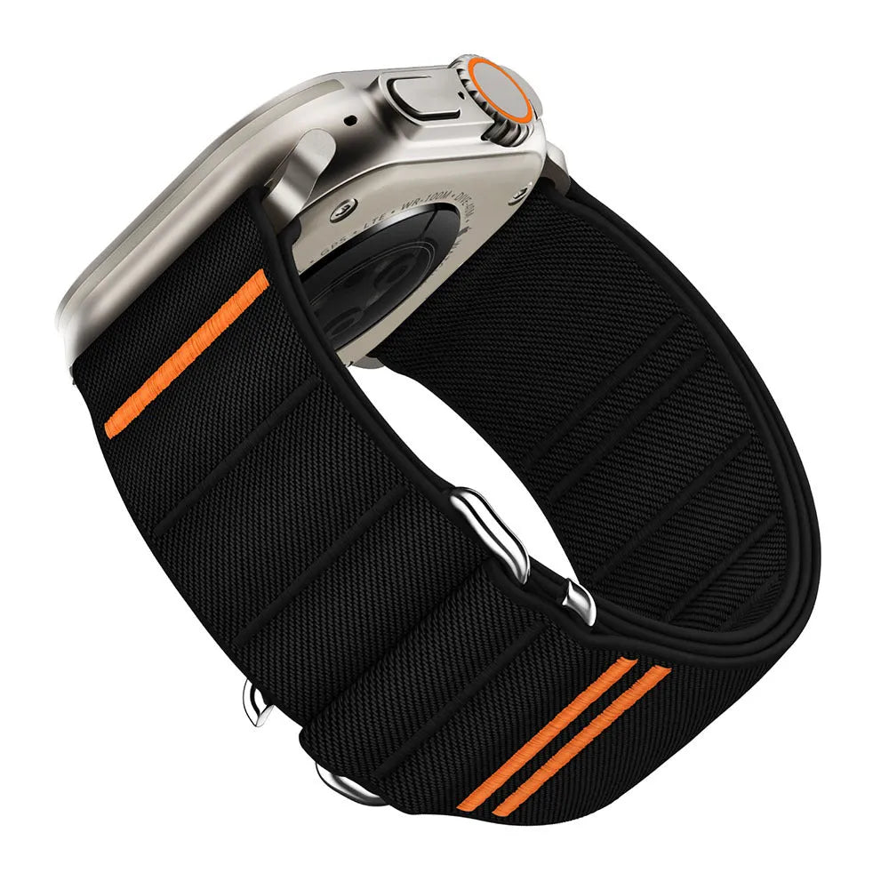 Elastic nylon Apple Watch band with stainless steel buckle shown in multiple colour options.