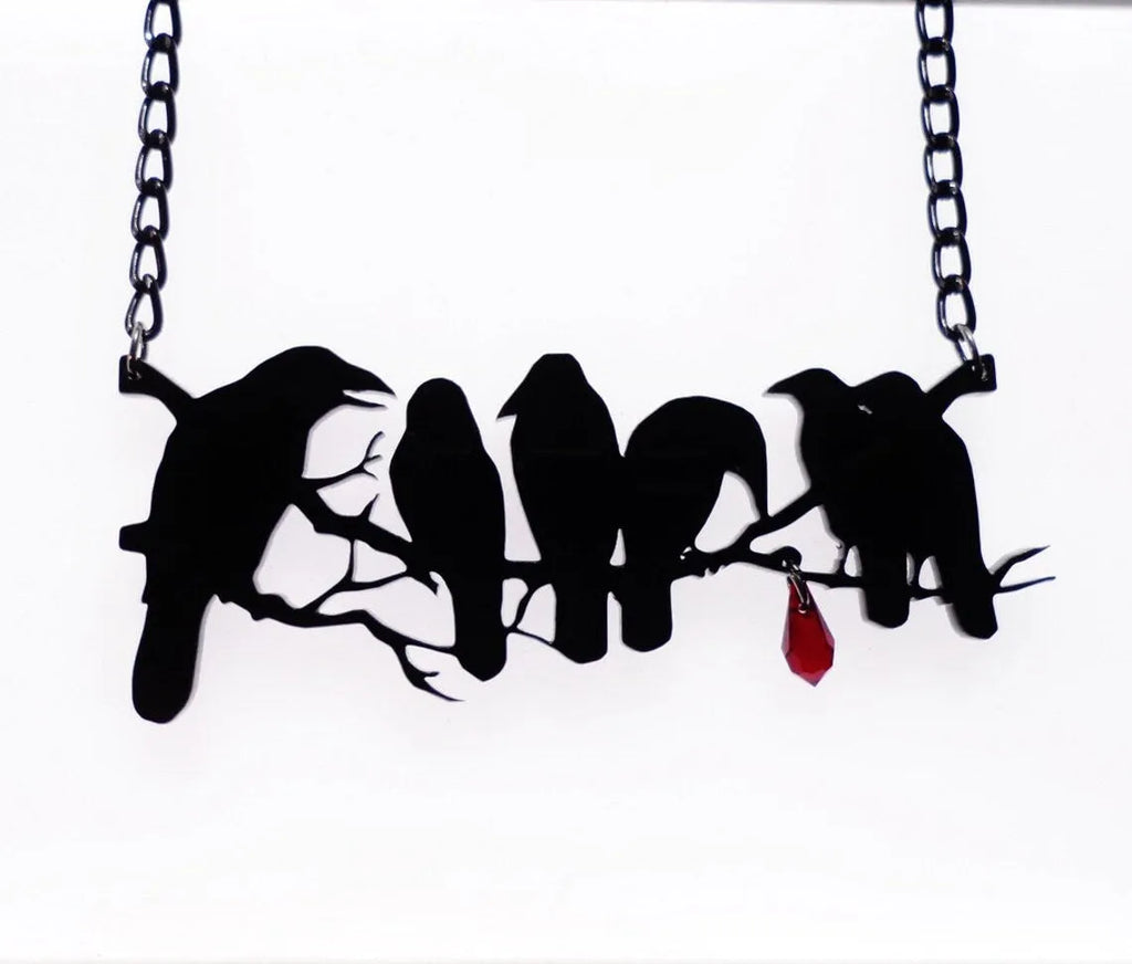 Black electroplated alloy crow necklace with cross chain for women's gothic jewellery