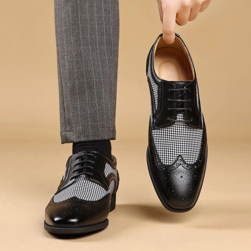 Men's black houndstooth plaid casual shoes with square toe and lace-up front on a rubber sole.