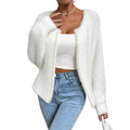 Women's white V-neck cardigan sweater in polyester knit fabric, medium thickness