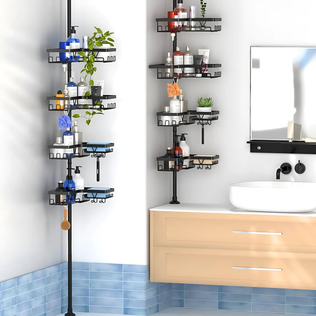 Hole-free retractable bathroom storage rack with four stainless steel shelves