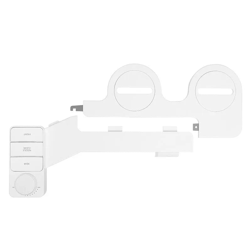 Button wash toilet cleaning system in pure white ABS plastic with water-powered operation and multiple plumbing adaptors