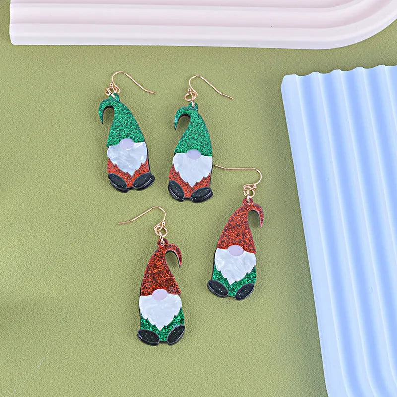 Acrylic Santa Claus character earrings with red, green, or combined hat designs