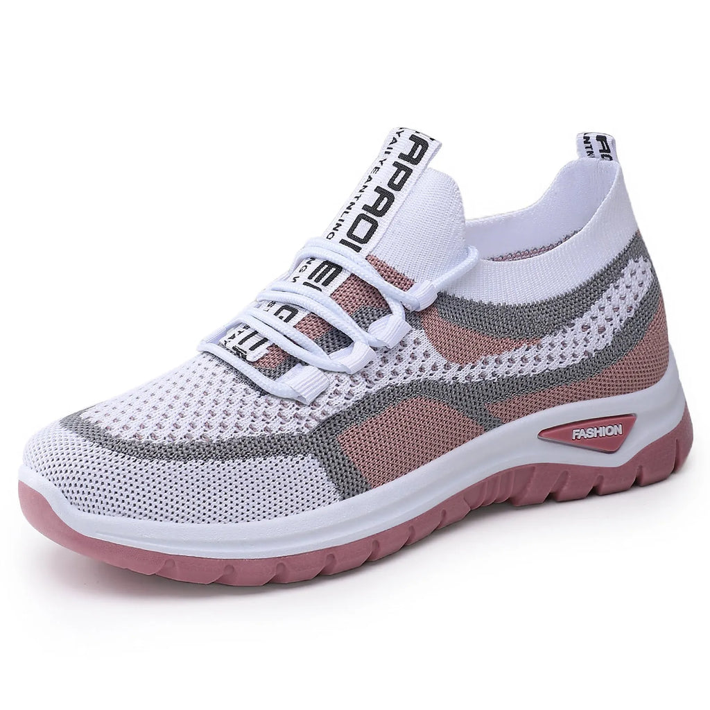 Women's woven mesh low-cut casual shoes in brick red with front lace-up and round toe