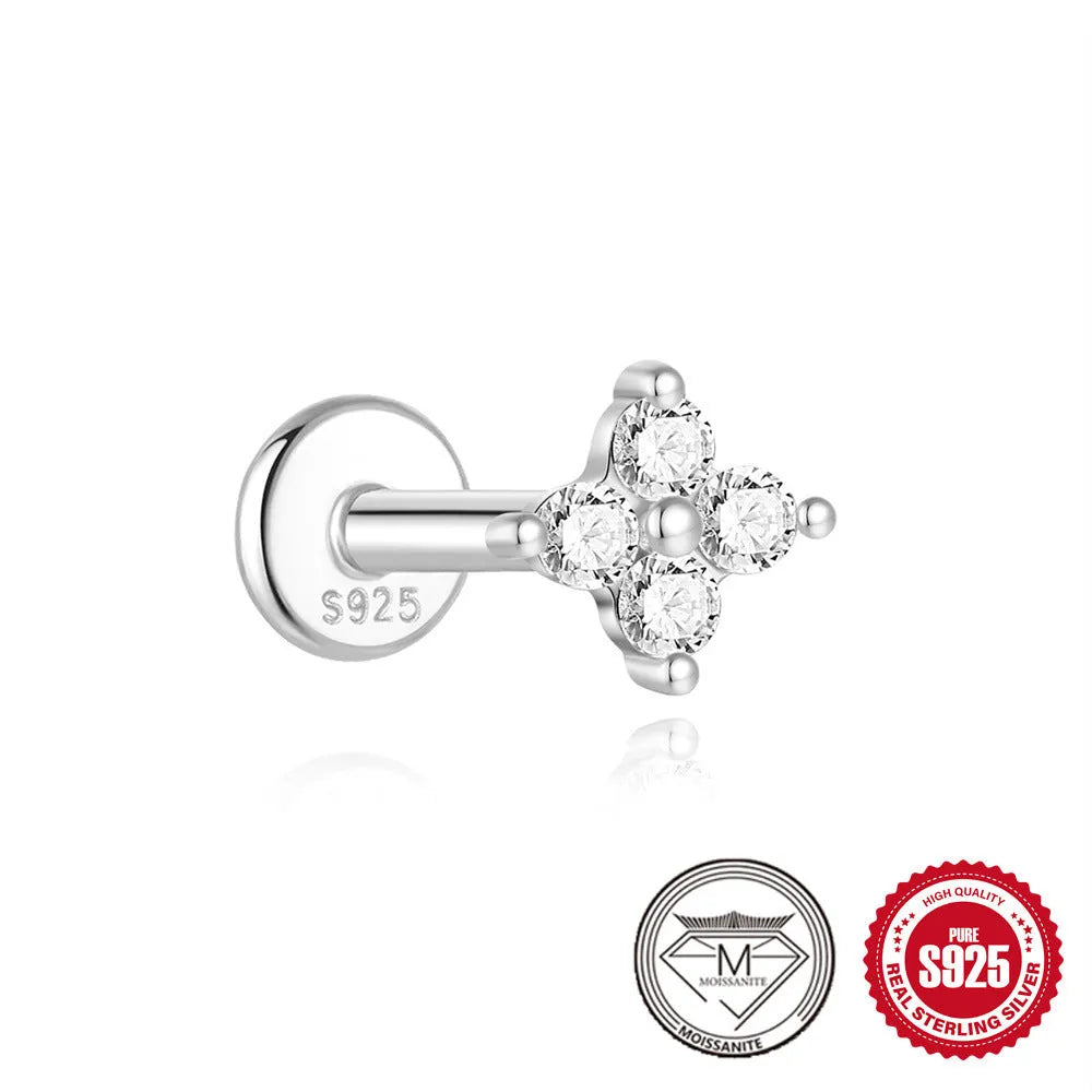 Geometric petal diamond stud earrings in platinum-colour sterling silver with ear clip fastening