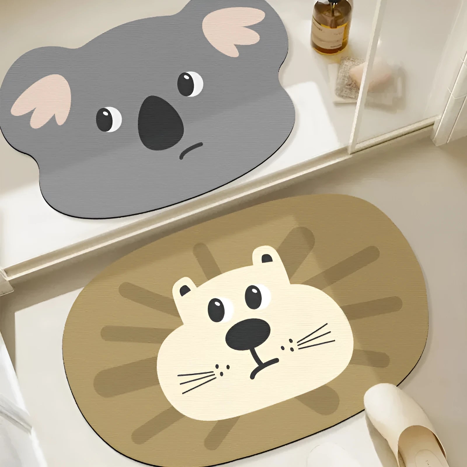 Colourful cartoon animal diatomaceous earth bathroom mat on tiles, showing non-slip base and absorbent texture.