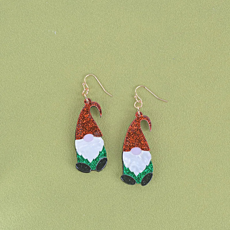 Acrylic Santa Claus character earrings with red, green, or combined hat designs