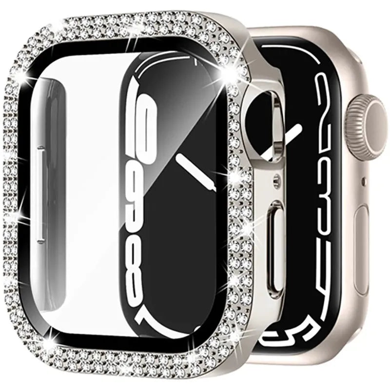 Apple Watch case with double diamond glass in rose pink, shown fitted on a 41mm Apple Watch.
