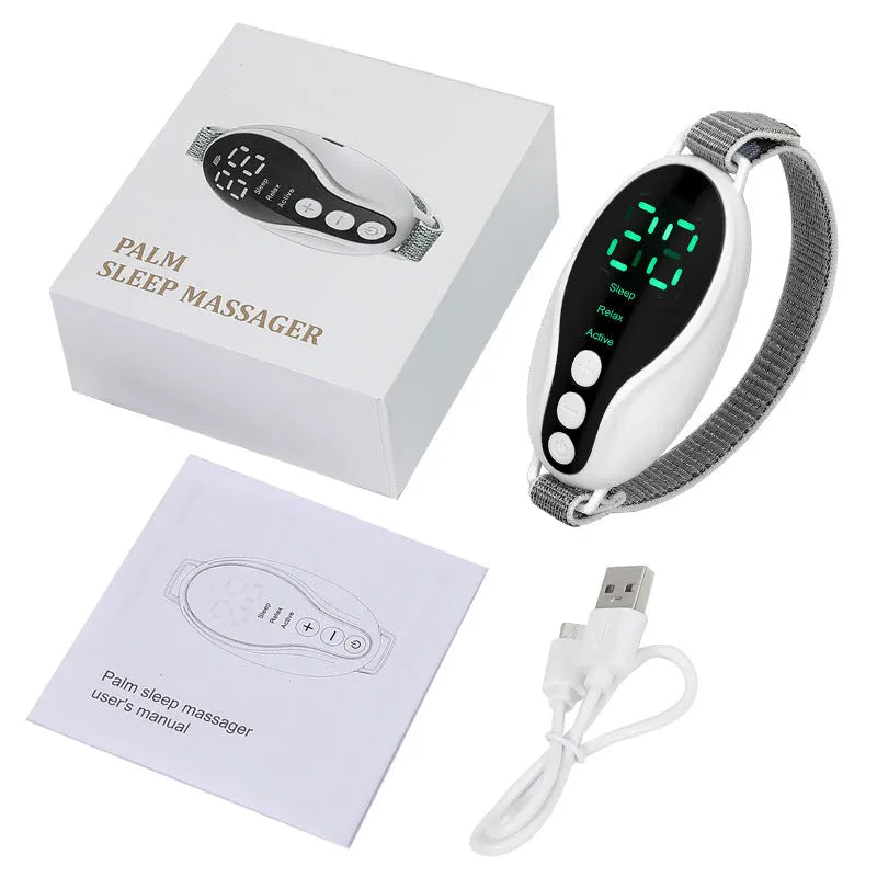 Blue and white intelligent sleeping aid instrument with USB cable on a bedside table