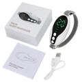 Blue and white intelligent sleeping aid instrument with USB cable on a bedside table