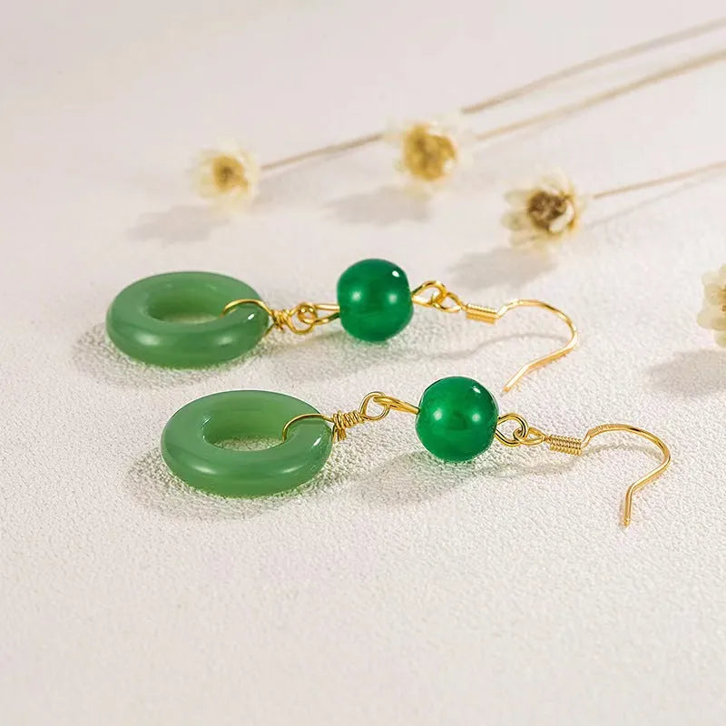 Green peace buckle geometric earrings with zinc alloy and 14K gold plating for Chinese style clothing