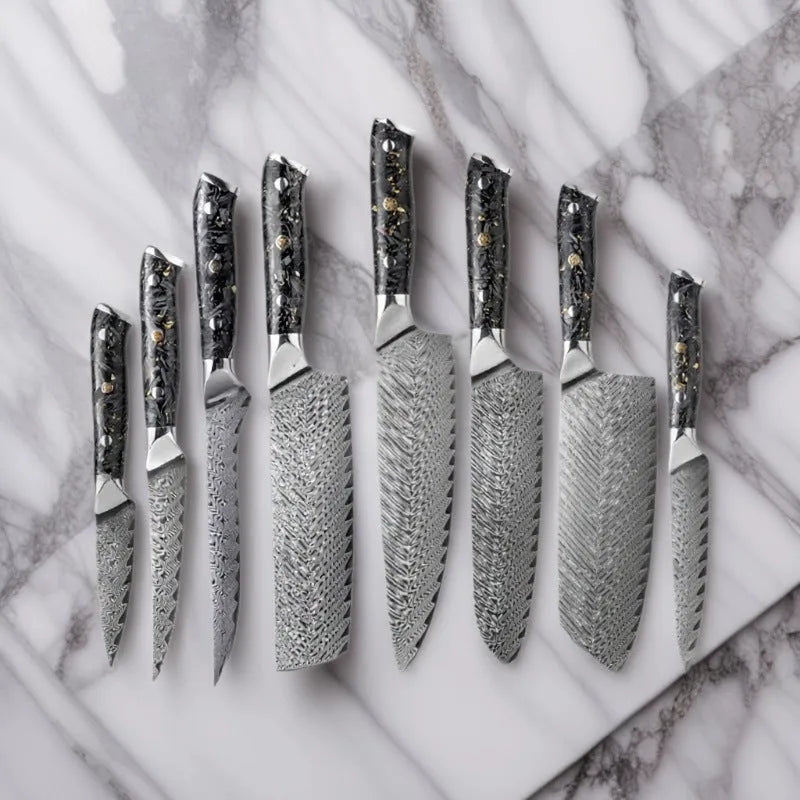 Eight-piece Damascus steel kitchen knife set with fishbone pattern, showing chef, utility, boning, steak, and fruit knives.