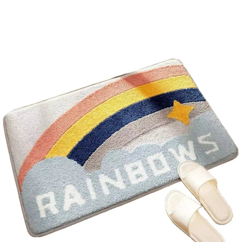 Cashmere carpet floor mat with rainbow pattern in sky sea colour showing plastic bottom layer