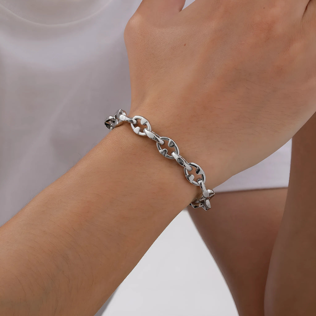 Handmade thick stainless steel geometric chain bracelet with a polished steel colour finish