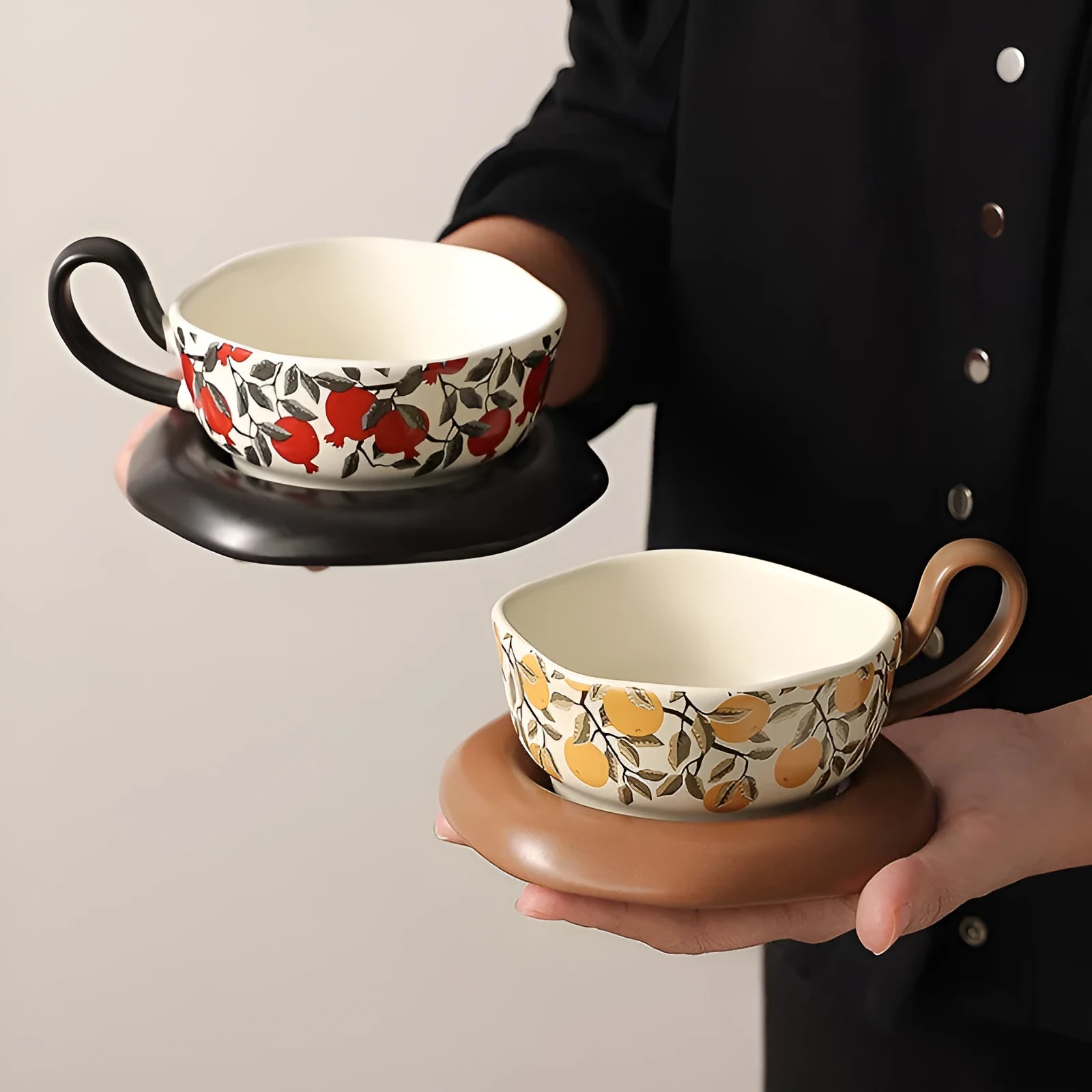 Antique style ceramic coffee cup and saucer set with 210ml capacity in black or orange colour
