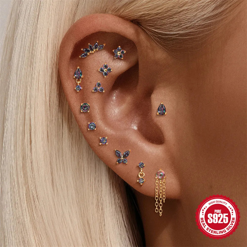 S925 sterling silver thread piercing with super shiny rainbow stone flat head in geometric shape