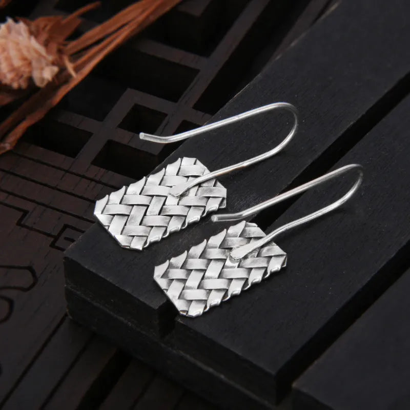 Women's 925 silver woven diamond plaid geometric earrings measuring 17.5mm by 11mm