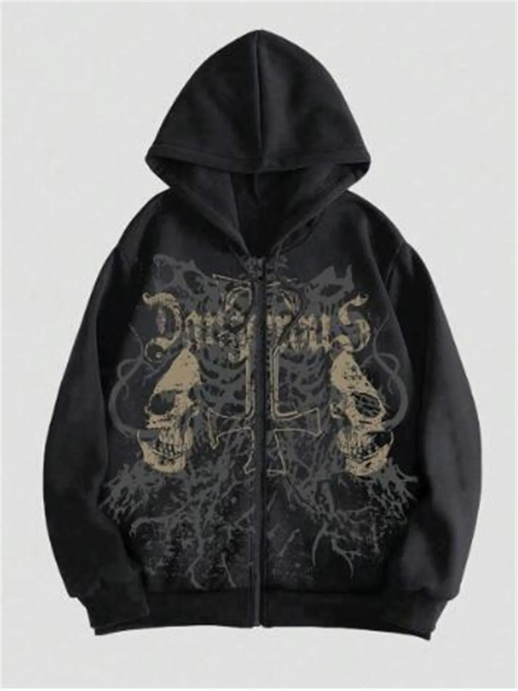 Men's black hooded sweatshirt with skull hot stamping print showing front view