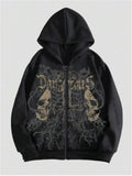 Men's black hooded sweatshirt with skull hot stamping print showing front view