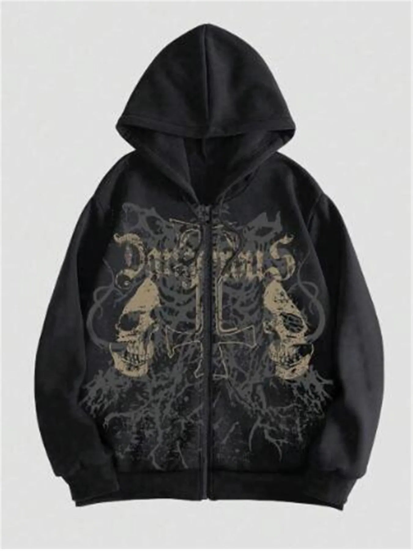 Men's black hooded sweatshirt with skull hot stamping print showing front view