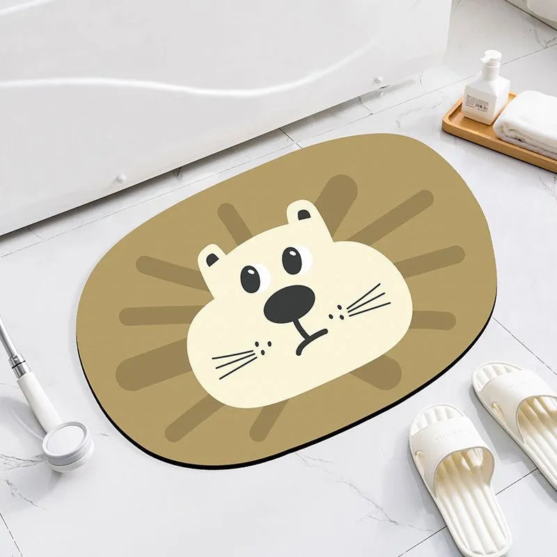 Colourful cartoon animal diatomaceous earth bathroom mat on tiles, showing non-slip base and absorbent texture.