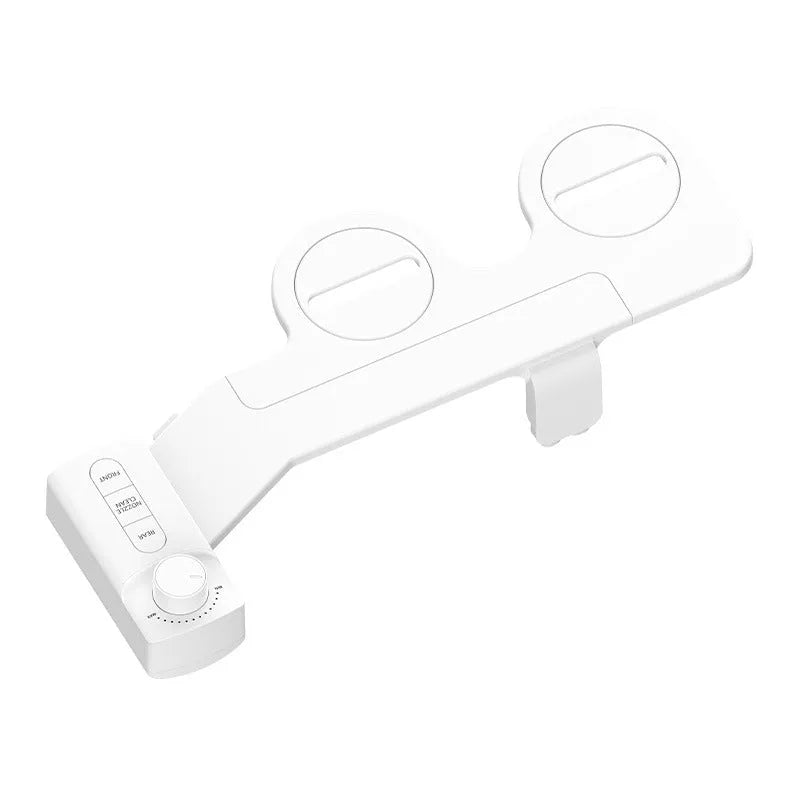 Button wash toilet cleaning system in pure white ABS plastic with water-powered operation and multiple plumbing adaptors