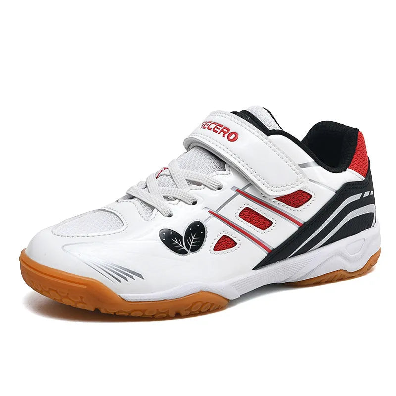 White and blue lightweight badminton shoes with ribbed sole and low-top PVC upper.