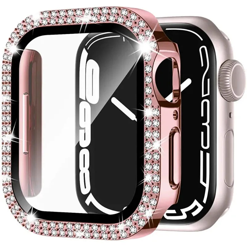 Apple Watch case with double diamond glass in rose pink, shown fitted on a 41mm Apple Watch.