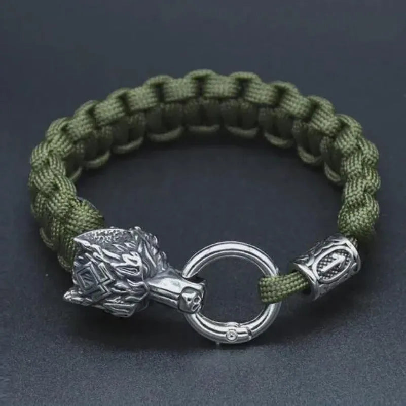 Handmade stainless steel wolf head bracelet with Luen character in camouflage colour.