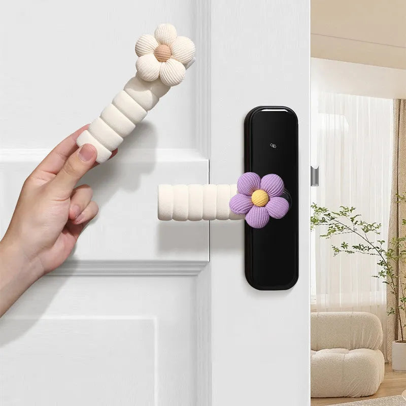 Soft round floral door handle protective cover in PEVA material on a door.