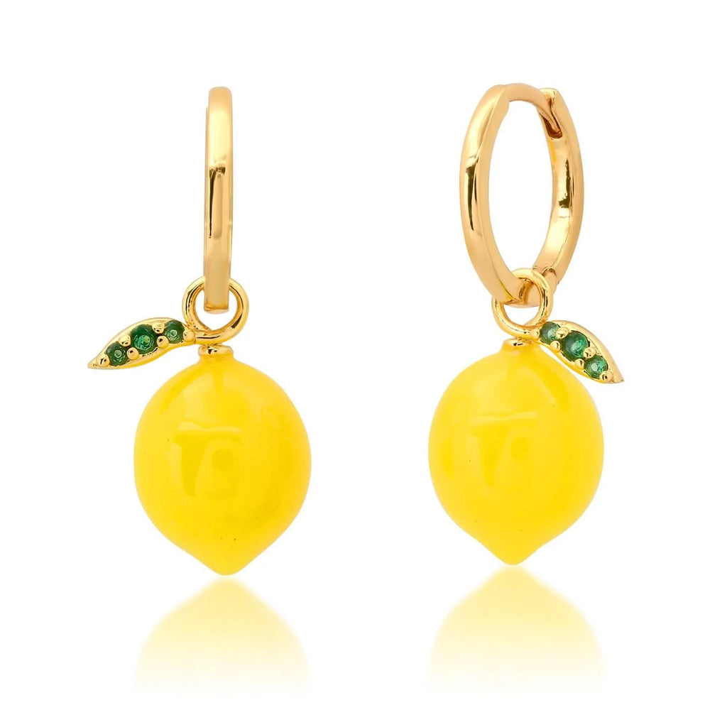 Gold plated fruit and vegetable design earrings in carrot, orange, blueberry, lemon, olive, peach, or chilli shapes.
