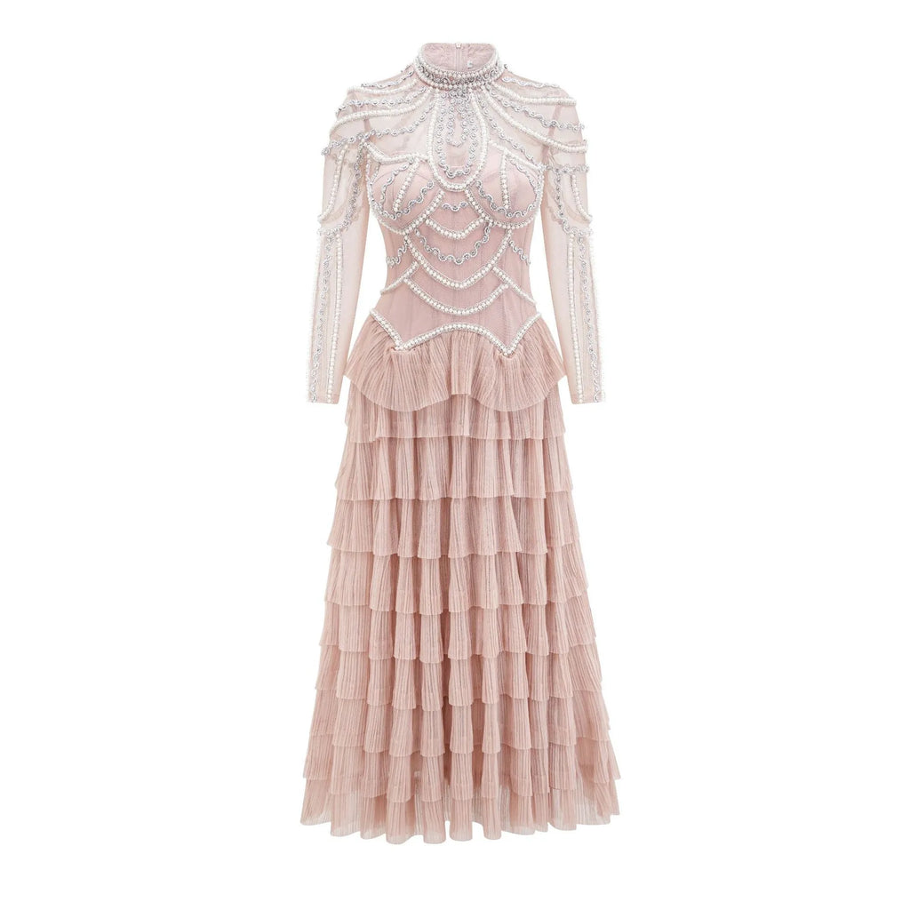 Women's black polyester dress with long sleeves and detailed beaded decoration on the bodice