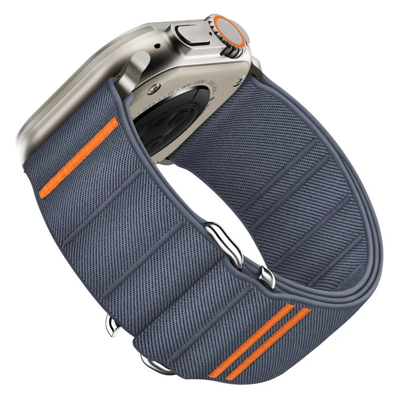 Elastic nylon Apple Watch band with stainless steel buckle shown in multiple colour options.