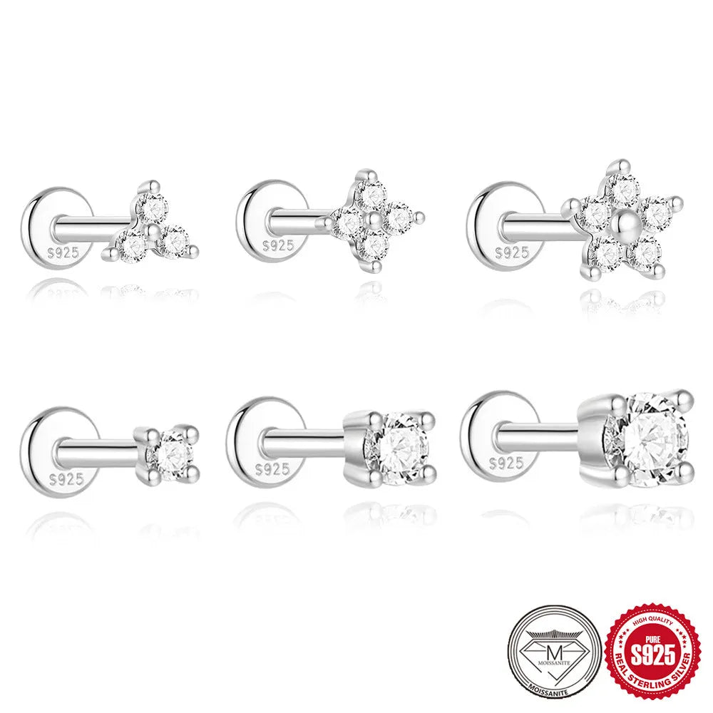 Geometric petal diamond stud earrings in platinum-colour sterling silver with ear clip fastening
