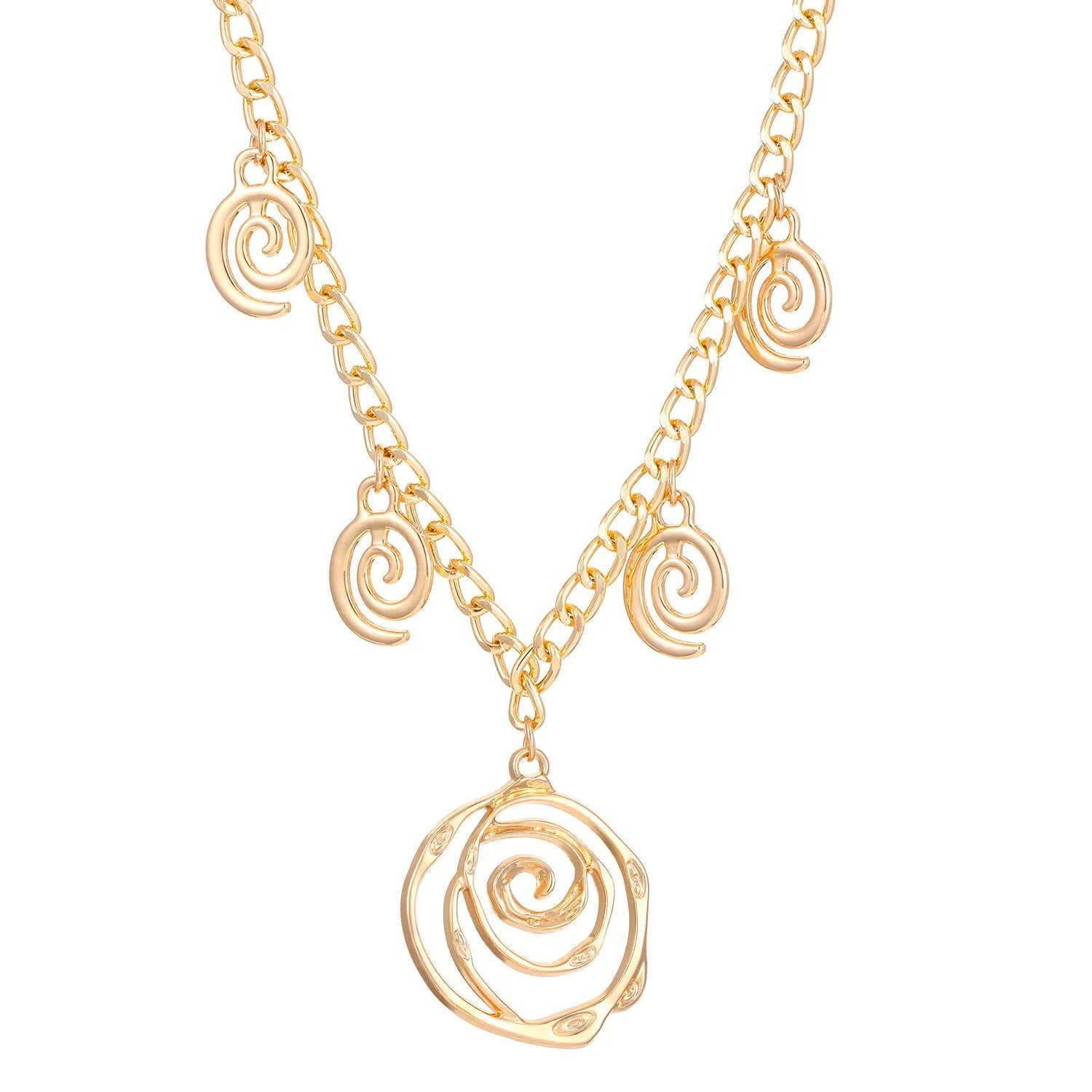 Geometric spiral donut jewellery set with gold necklace, bracelet, and ear hooks on dark background