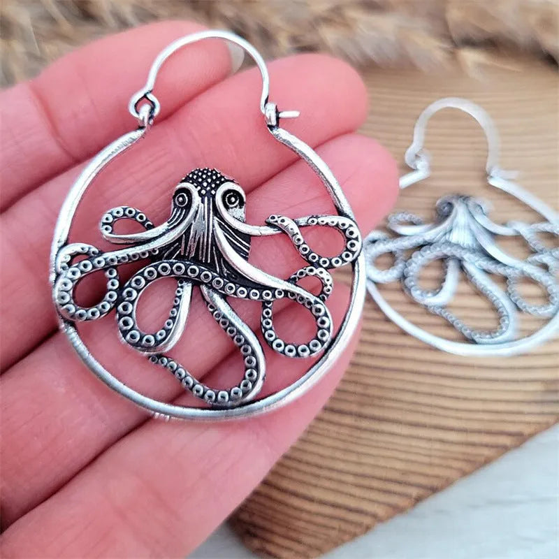 Antique silver octopus earrings with detailed modelling on zinc alloy base