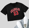 Black cotton crop top t-shirt with printed white English letters, navel-exposing design, loose casual fit